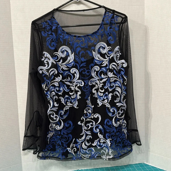 INC International Concepts Tops - International Concepts I.N.C. Blue Embroidered Mesh Ruffle-Sleeve Top Size Large